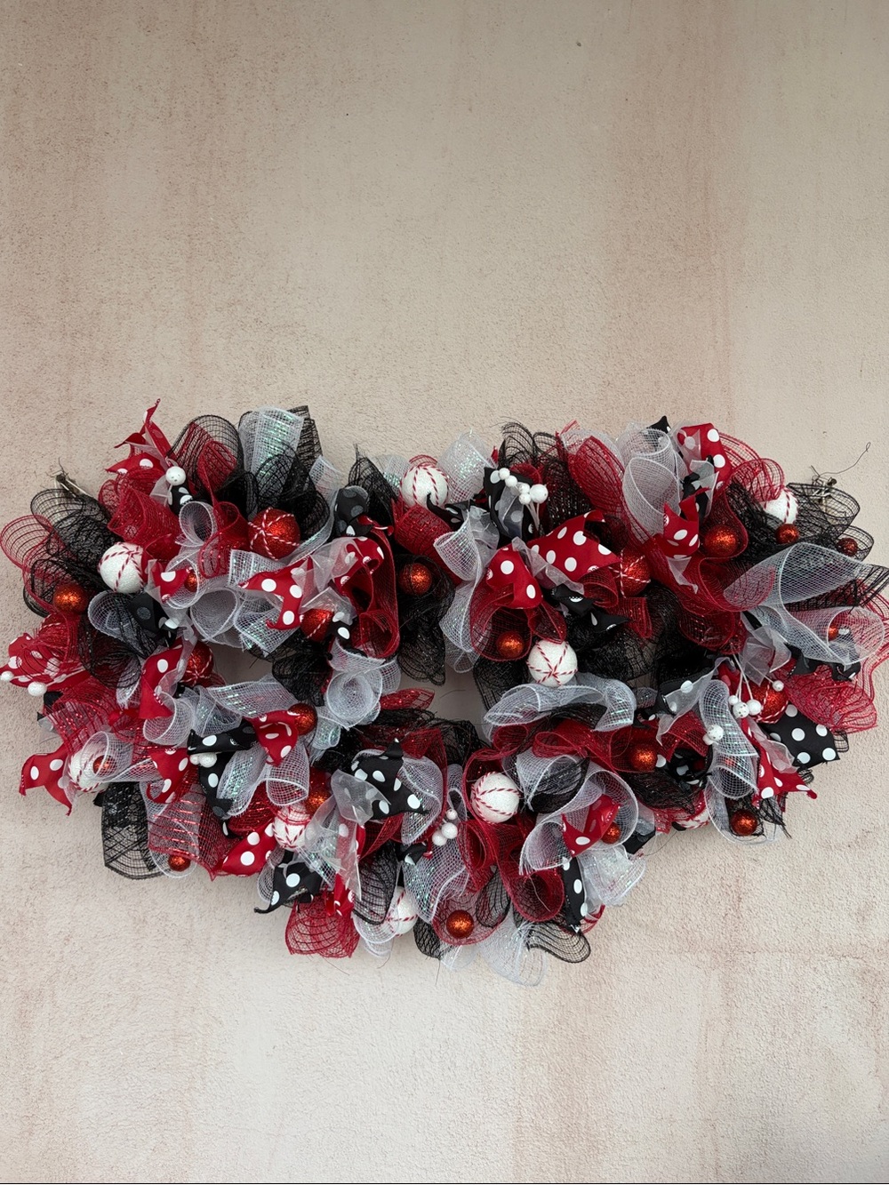 Disney Mickey Head Deco Mesh Red Black White Wreath Handmade Ribbon Polka dot